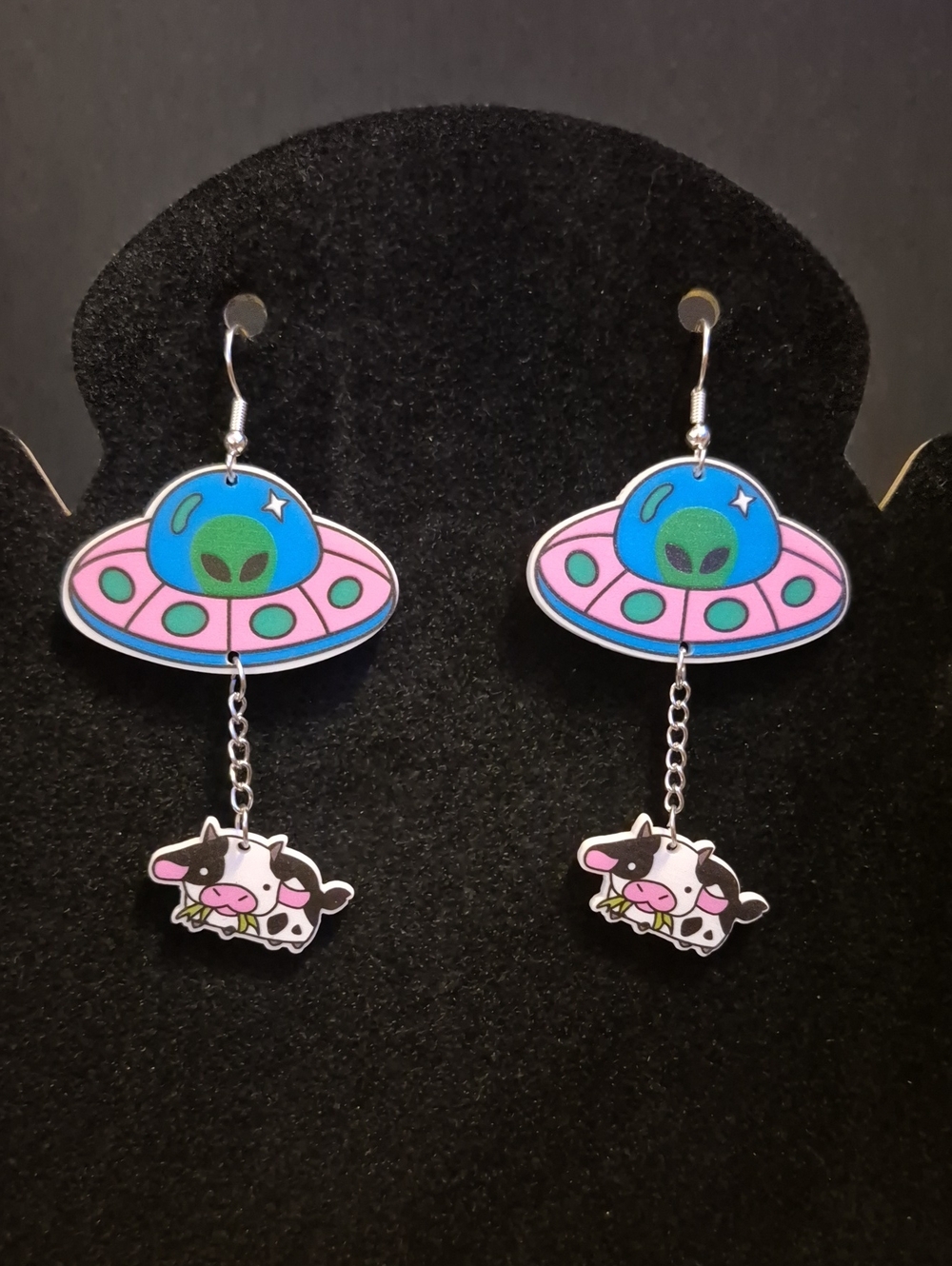 Handcrafted Alien UFO Cow Abduction Dangle Earrings - Pink & Blue